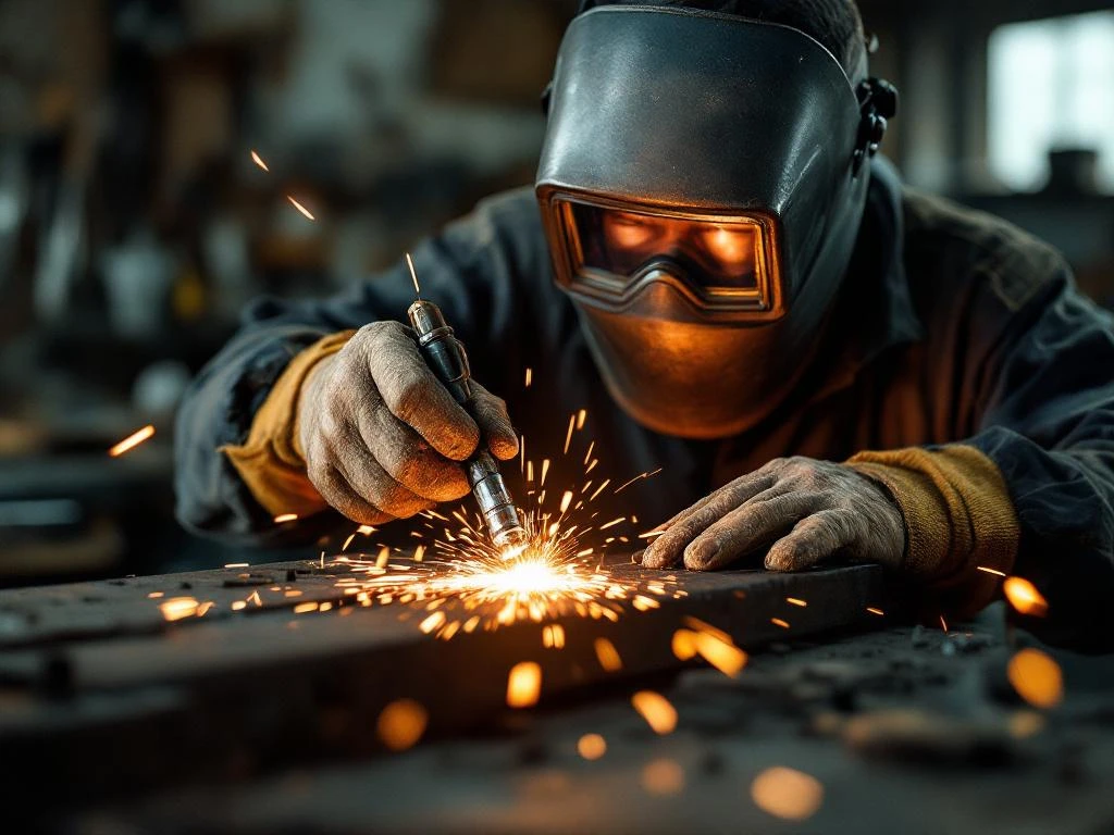 Ervaren lasser met lastoorts creëert vonken op metalen werkbank in industriële werkplaats