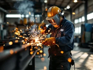 Vakkundige metaalbewerker met veiligheidsbril gebruikt lasstorch op stalen balk, vonken spatten in industriële werkplaats
