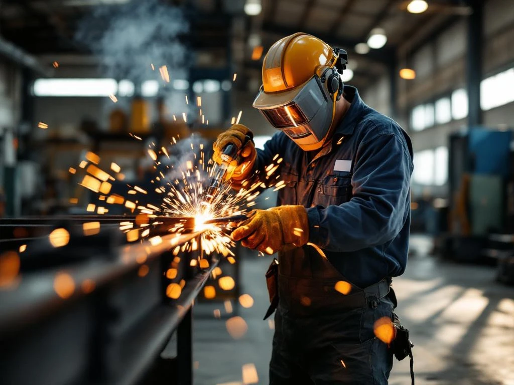 Vakkundige metaalbewerker met veiligheidsbril gebruikt lasstorch op stalen balk, vonken spatten in industriële werkplaats