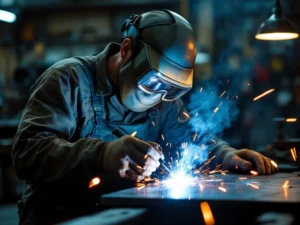 Metaalbewerker met veiligheidsbril bedient lasstorch op staal, blauwe vonken in industriële werkplaats