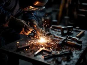 Metaalbewerker gebruikt lasstorch op werkbank met gereedschap, vonken verlichten veiligheidsbril en hamer in werkplaats