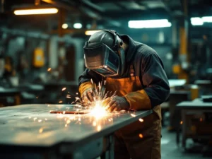 Metaalbewerker in beschermende kleding last staalplaat in industriële werkplaats met vonken en gereedschap op achtergrond