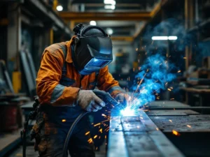 Metaalbewerker met veiligheidsbril last stalen balk met blauwe vonken in industriële werkplaats