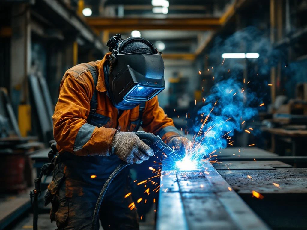 Metaalbewerker met veiligheidsbril last stalen balk met blauwe vonken in industriële werkplaats