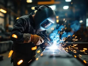 Metaalbewerker met veiligheidsbescherming last stalen balk met vonken in industriële werkplaats met machines