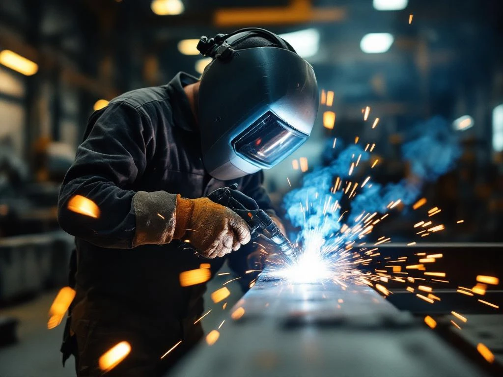 Metaalbewerker met veiligheidsbescherming last stalen balk met vonken in industriële werkplaats met machines