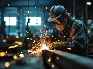 Metaalbewerker last staalbalk in industriële werkplaats, vonken spatten rond, zware machines op achtergrond