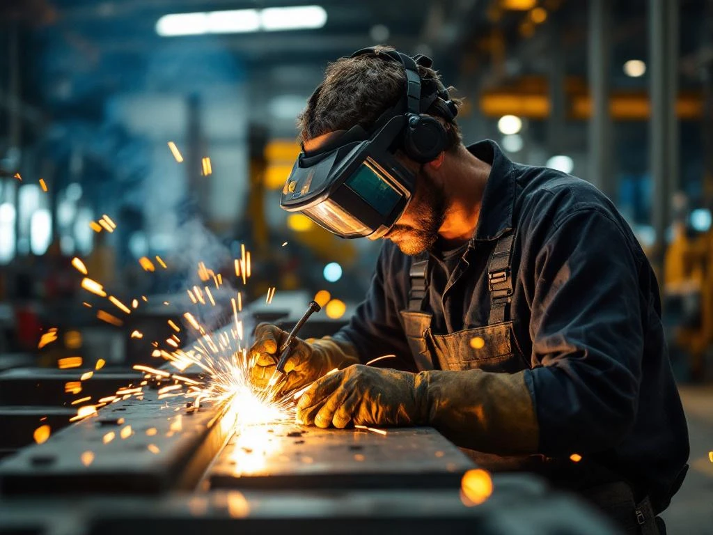 Metaalbewerker in beschermende kleding last stalen balk in industriële werkplaats met vonken en machines op achtergrond