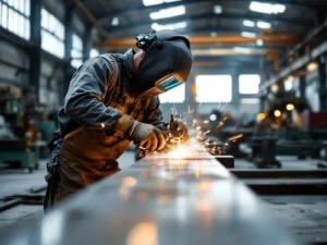 Metaalbewerker last staalbalk in moderne industriële werkplaats met vonken en professionele lasapparatuur