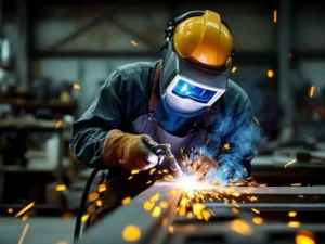 Metaalbewerker in veiligheidsuitrusting last staalbalk met vonken in industriële werkplaats