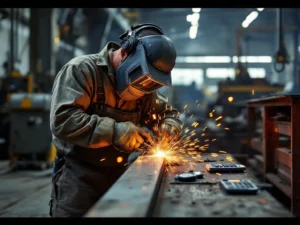 Metaalbewerker last staalbalk met vonken in industriële werkplaats, stopwatch en rekenmachine op werkbank zichtbaar