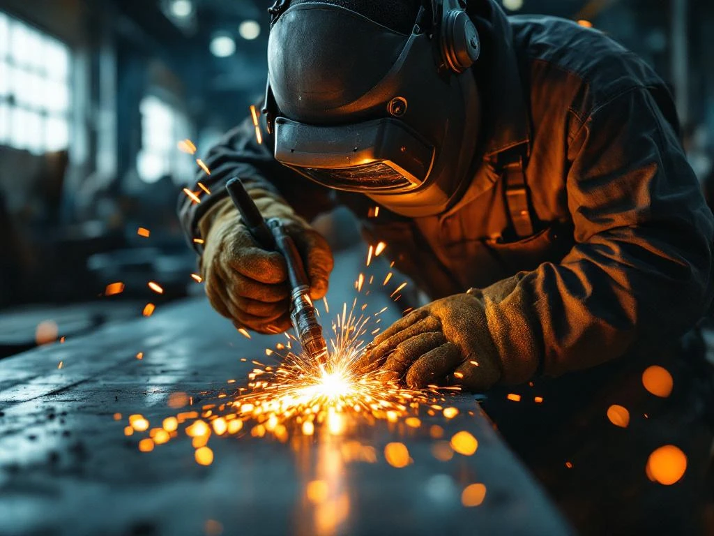 Metaalbewerker in beschermende kleding last stalen balk, oranje vonken spatten neer in industriële werkplaats