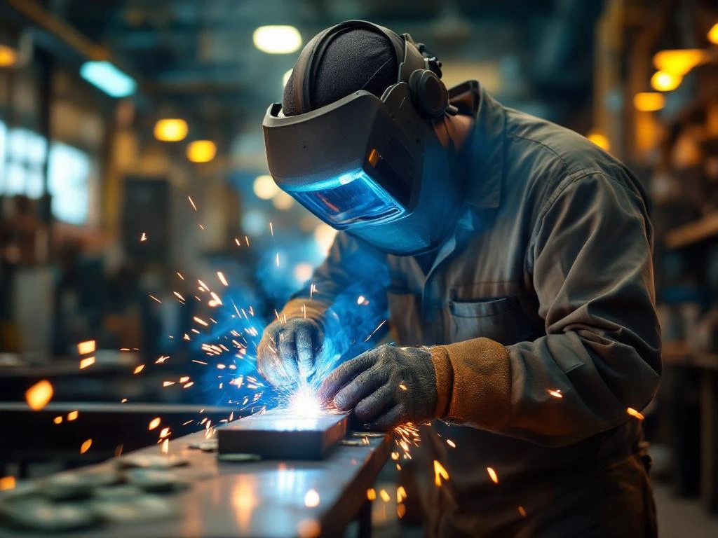 Metaalbewerker last staalbalk in industriële werkplaats, vonken spatten rond, geld op werkbank, warme verlichting