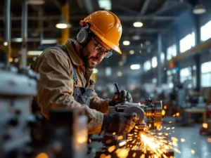 Metaalbewerker in veiligheidsuitrusting bedient precisiedraaibank in industriële werkplaats met vonken en moderne apparatuur