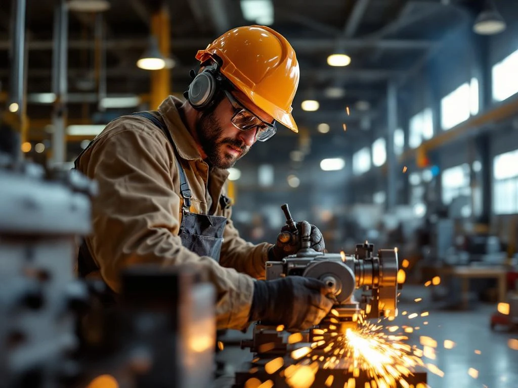 Metaalbewerker in veiligheidsuitrusting bedient precisiedraaibank in industriële werkplaats met vonken en moderne apparatuur