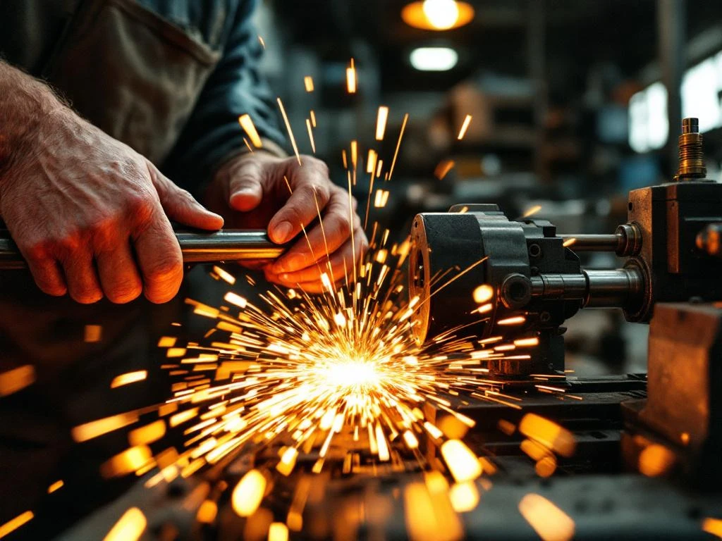 Metaalbewerker bedient draaibank met stalen staaf, vonken vliegen in workshop met industriële machines op achtergrond