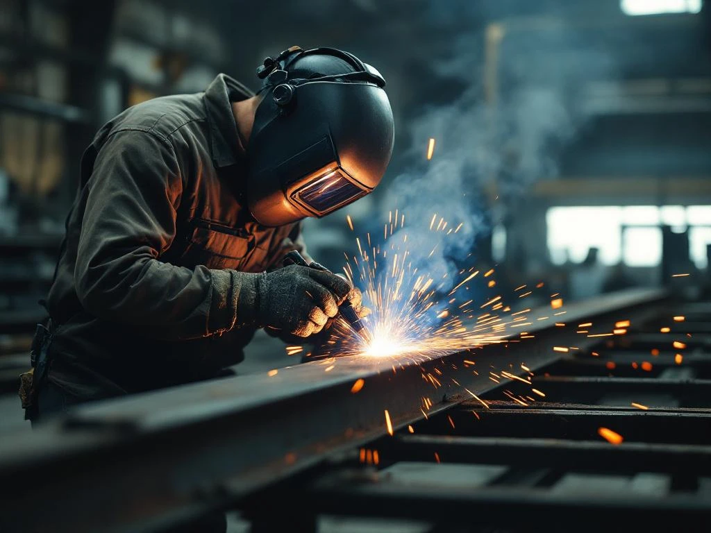 Metaalbewerker last stalen balk met beschermende uitrusting, oranje vonken spatten in industriële werkplaats