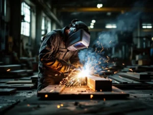 Metaalbewerker last staalbalk met beschermende uitrusting, vonken verlichten industriële werkplaats met gereedschap