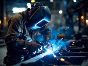 Metaalbewerker in beschermende kleding last stalen balk met precisietoorts, blauwe vonken, industriële werkplaats