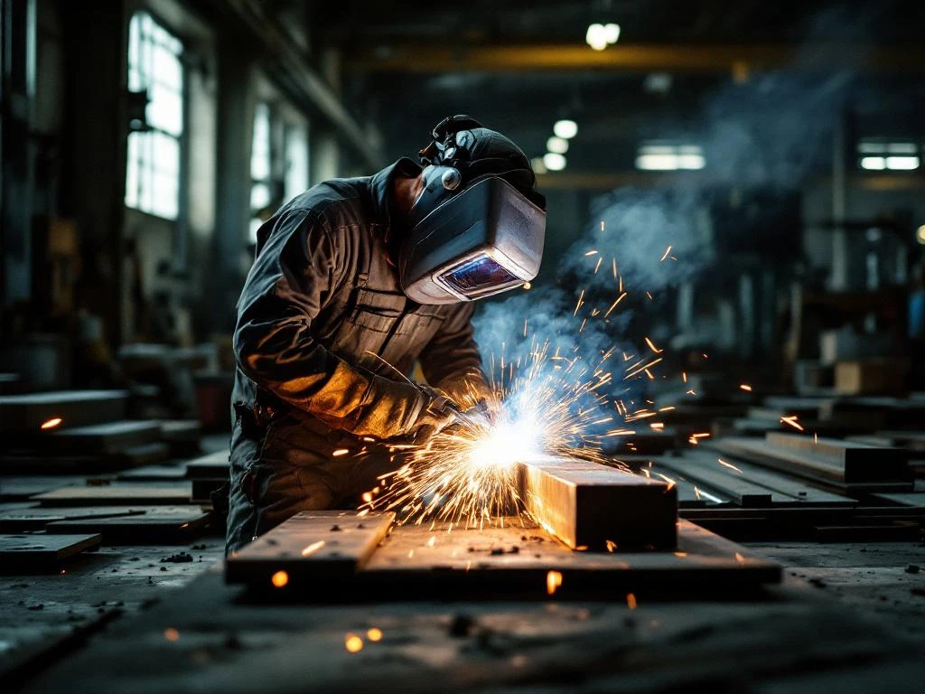 Metaalbewerker last staalbalk met beschermende uitrusting, vonken verlichten industriële werkplaats met gereedschap