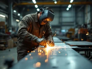 Metaalbewerker in beschermende uitrusting bedient precisie plaatbuigmachine in moderne industriële werkplaats