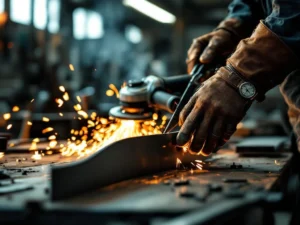 Metaalbewerker vormt gebogen staalplaat met precisietools, vonken van haakse slijper, werkbank met meetinstrumenten