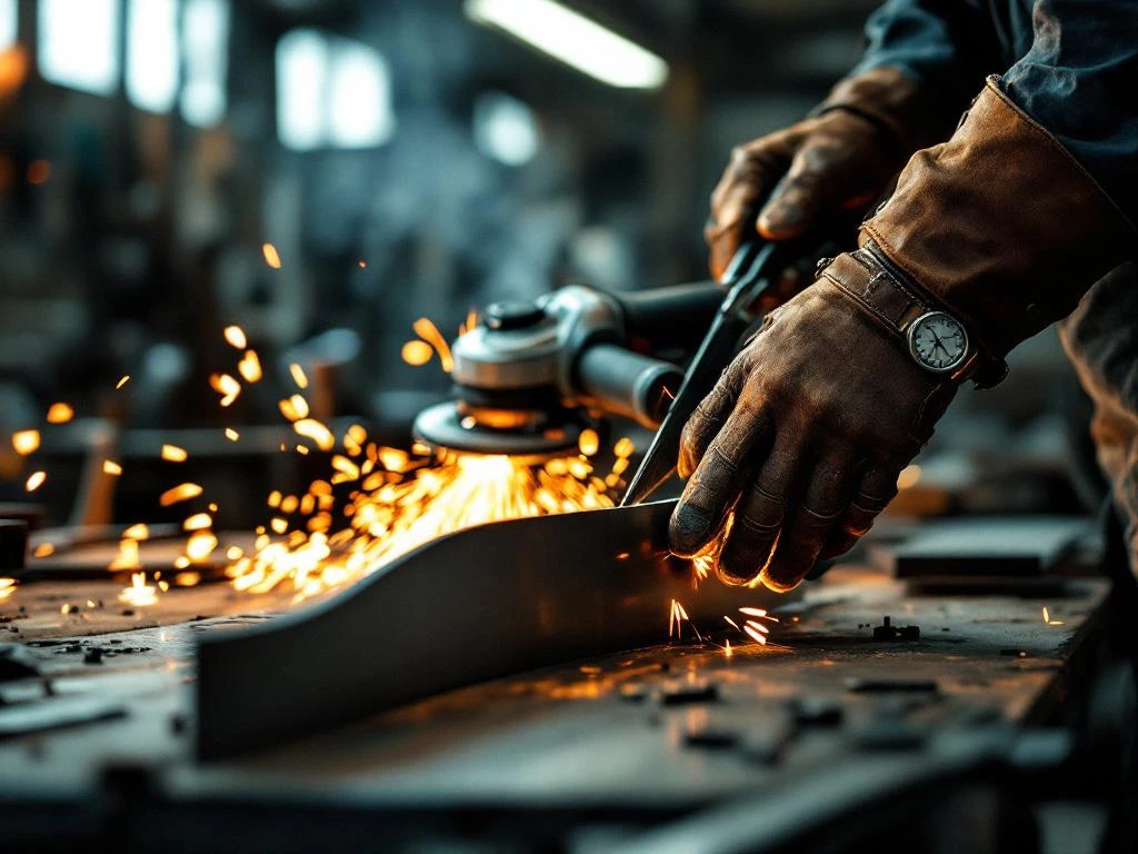 Metaalbewerker vormt gebogen staalplaat met precisietools, vonken van haakse slijper, werkbank met meetinstrumenten