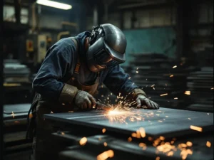 Metaalbewerker in beschermende kleding vormt staalplaat met precisietools, vonken vliegen in industriële werkplaats