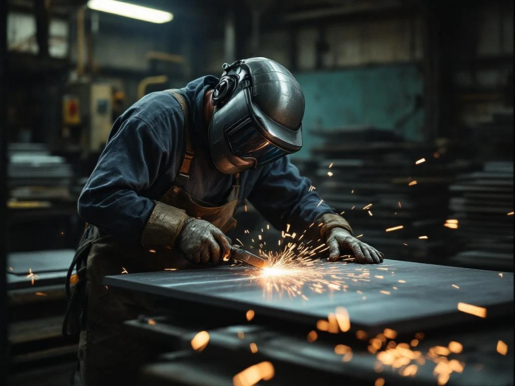 Metaalbewerker in beschermende kleding vormt staalplaat met precisietools, vonken vliegen in industriële werkplaats
