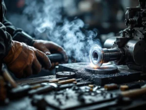 Metaalbewerker bedient precisiedraaibank, stalen staaf wordt bewerkt met krullende metaalspanen in industriële werkplaats