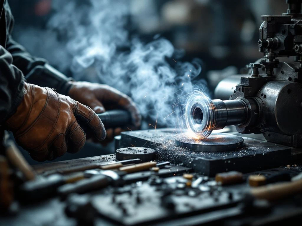 Metaalbewerker bedient precisiedraaibank, stalen staaf wordt bewerkt met krullende metaalspanen in industriële werkplaats