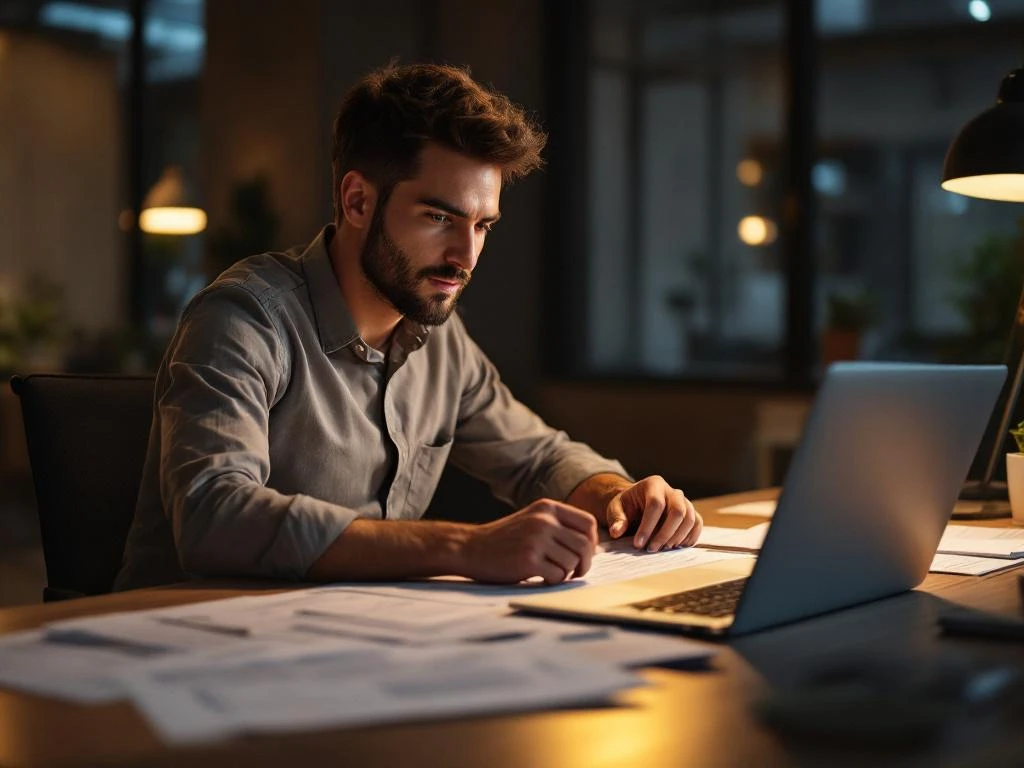 Professionele technicus bekijkt tijdelijk arbeidscontract aan bureau met laptop en freelance documenten