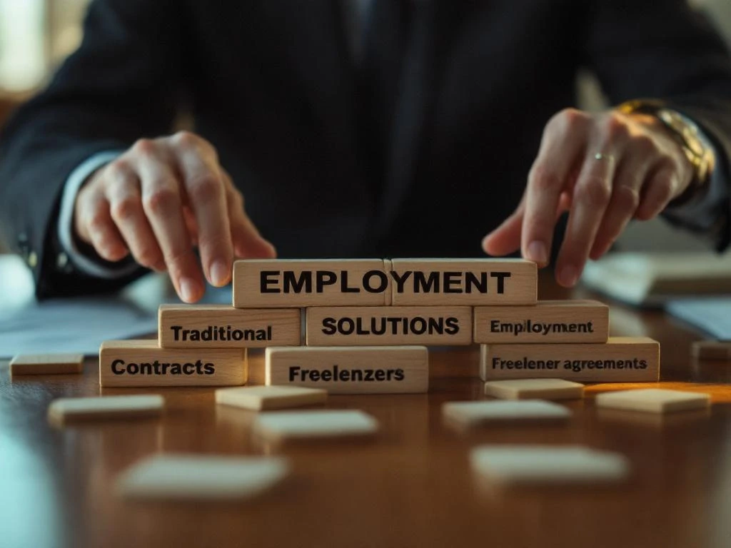 Bedrijfsconsultant plaatst houten blokken met arbeidsoplossingen op vergadertafel met contracten eronder