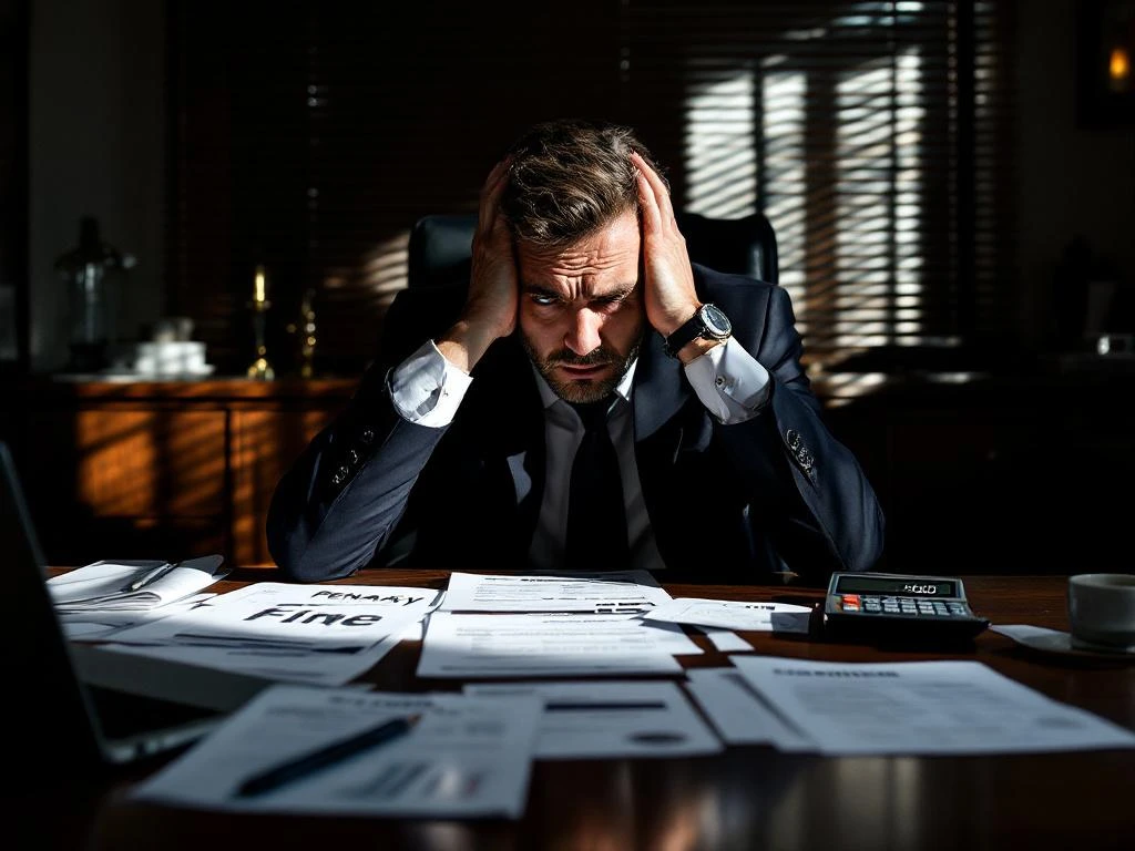 Gestresste zakenman in pak aan bureau met boetedocumenten, facturen en rekenmachine met hoge boete