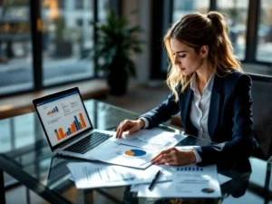Professionele zakenvrouw bestudeert Nederlandse juridische documenten aan glazen bureau met laptop en compliance grafieken