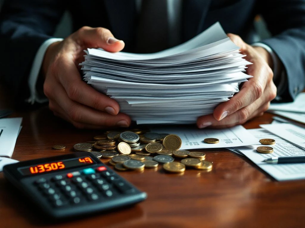 Zakenman houdt stapel facturen vast terwijl munten uit zijn zak vallen op bureau naast calculator met hoge bedragen