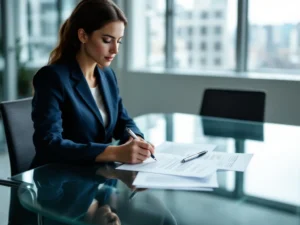 Zakenvrouw in marineblauw pak bekijkt arbeidscontracten aan glazen vergadertafel in modern kantoor
