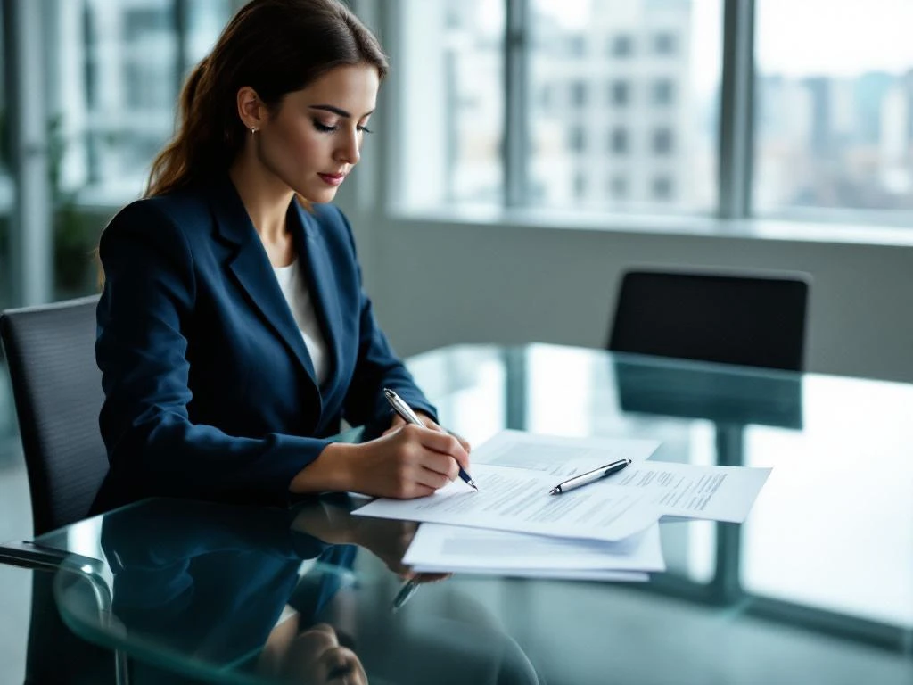 Zakenvrouw in marineblauw pak bekijkt arbeidscontracten aan glazen vergadertafel in modern kantoor