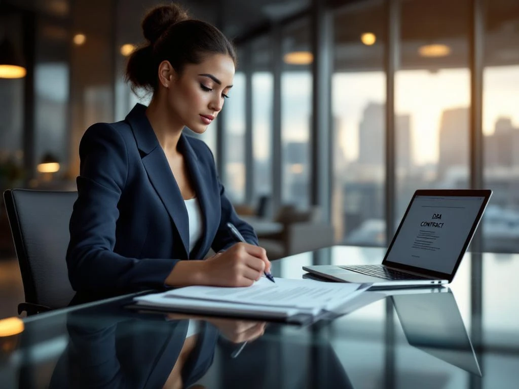Zakenvrouw in marineblauw jasje bekijkt DBA-contract aan glazen bureau met laptop in modern kantoor
