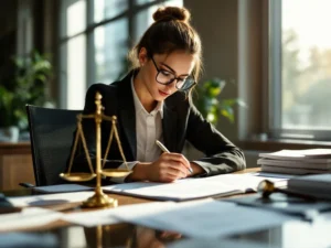 Zakenvrouw in pak onderzoekt juridische documenten met vergrootglas aan modern bureau met weegschaal