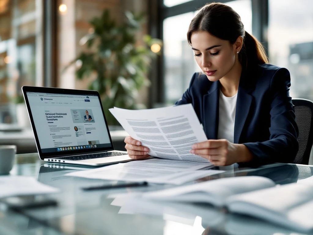 Zakenvrouw in marineblauw pak bestudeert overheidsformulieren aan glazen bureau met laptop met Nederlandse website