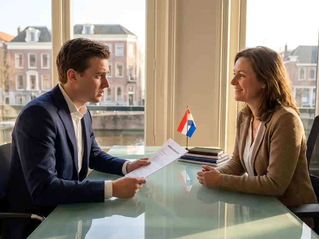 Nerveuze jonge professional houdt arbeidscontract vast tijdens gesprek met vriendelijke recruiter aan glazen bureau in Groningen kantoor
