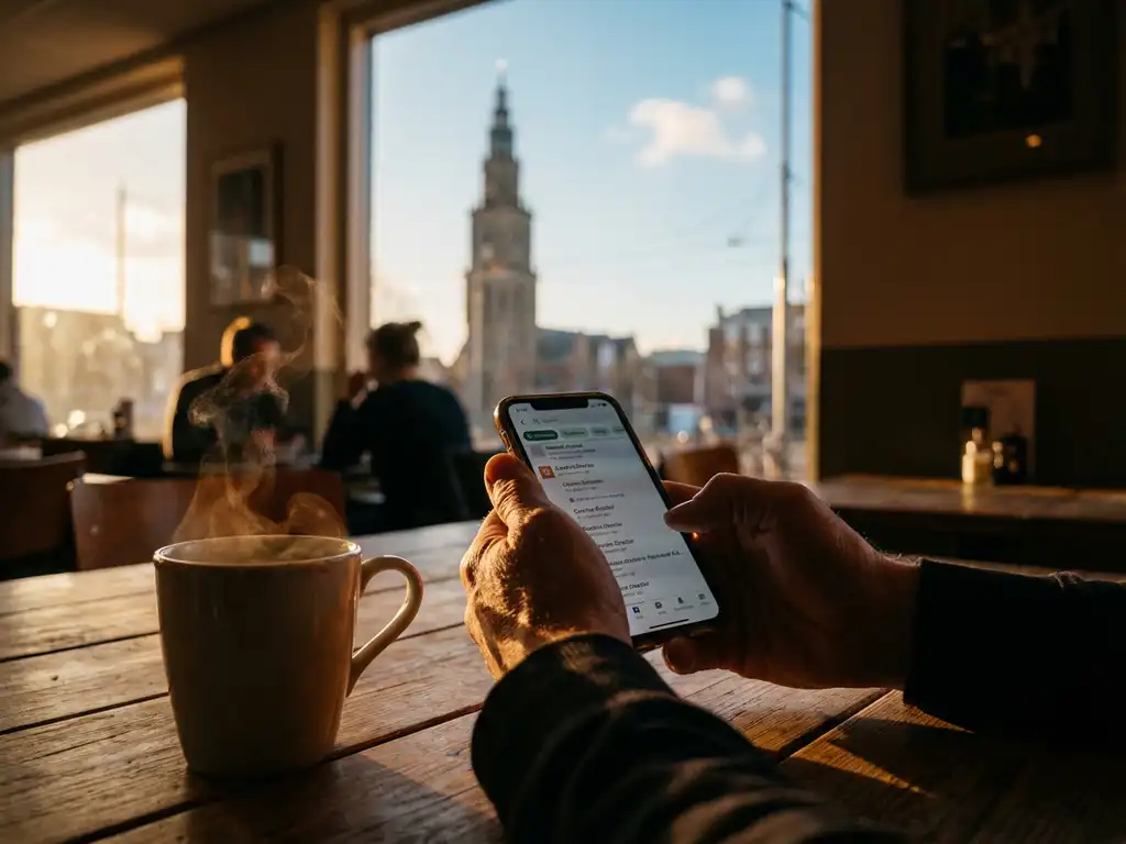 Handen met smartphone tonen vacatures in café met Martinitoren Groningen op achtergrond en koffiekopje
