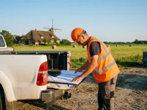 Bouwvakker in oranje veiligheidsvest bestudeert blauwdrukken op witte pick-up truck bij Friese bouwplaats met traditionele boerderij