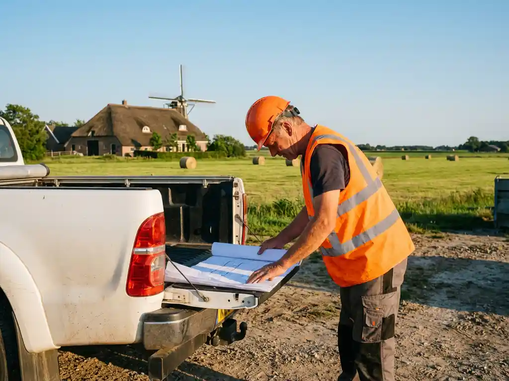 Bouwvakker in oranje veiligheidsvest bestudeert blauwdrukken op witte pick-up truck bij Friese bouwplaats met traditionele boerderij