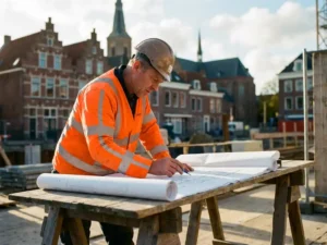 Bouwvakker in oranje veiligheidsvest bestudeert bouwplannen op houten tafel, traditionele Groningse bakstenen gebouwen op achtergrond