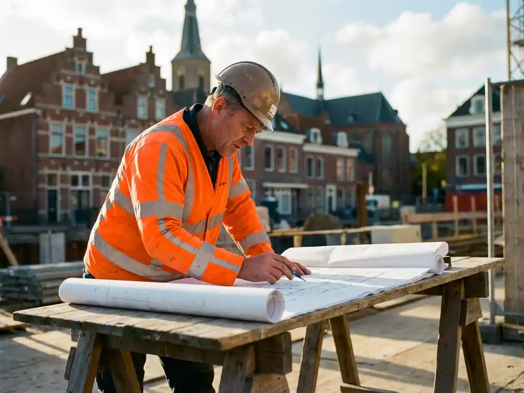 Bouwvakker in oranje veiligheidsvest bestudeert bouwplannen op houten tafel, traditionele Groningse bakstenen gebouwen op achtergrond