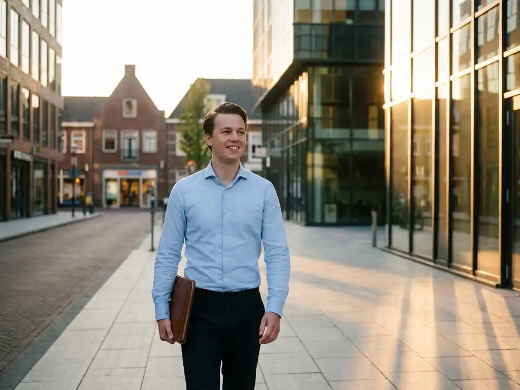 Jonge professional loopt zelfverzekerd door moderne zakenwijk Drachten met leren portfolio tijdens gouden uur