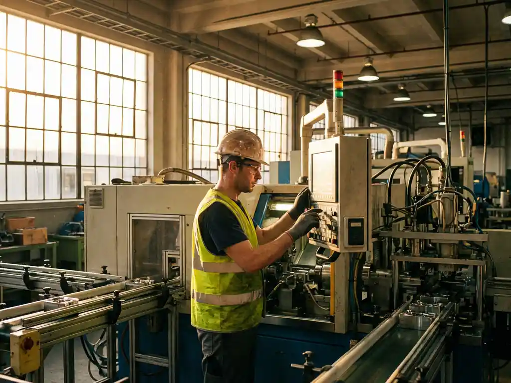 Fabrieksarbeider in veiligheidsuitrusting bedient moderne industriële machines in heldere productiehal met transportbanden