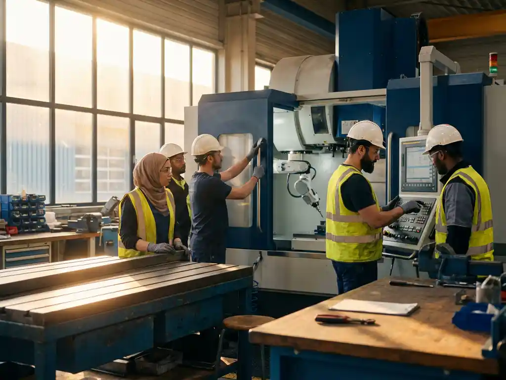 Diverse fabrieksarbeiders in veiligheidsuitrusting bedienen moderne industriële machines in heldere Groninger productiefaciliteit